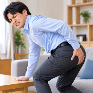 結論からいうと、お尻の痛みは「筋肉の負担」だけでなく、腰や神経、股関節などが関係して起こることがあります。 特に多いのは、長時間の座り姿勢や運動不足、姿勢の崩れなどによって、お尻まわりの筋肉に負担がかかっているケースです。また、腰から足へ伸びる坐骨神経が刺激されると、お尻の痛みに加えて太ももやふくらはぎまで痛み・しびれが出ることがあります。 代表的には、殿筋の緊張、梨状筋周辺の負担、腰椎椎間板ヘルニア、腰部脊柱管狭窄症、仙腸関節や股関節周辺の問題などが原因になることがあります。 「座っていると痛い」「立ち上がる時に痛む」「お尻から脚にかけてしびれる」「左右どちらかだけ痛い」といった場合は、痛む場所だけでなく、腰・骨盤・股関節の動きまで確認することが大切です。 足に強い力の入りにくさがある、しびれが急に悪化した、排尿・排便の異常を伴う場合は、早めに医療機関を受診してください。