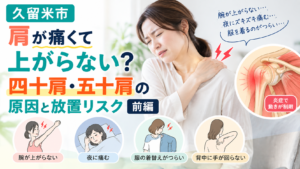 肩を上げると痛む女性と肩関節の炎症を示した肩の痛みのイメージ